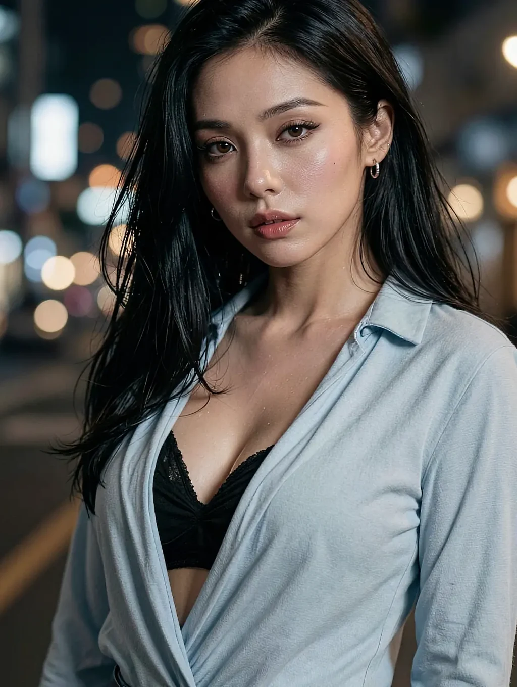 Portrait of Noor, a fictional AI character, on a night street with city bokeh behind her