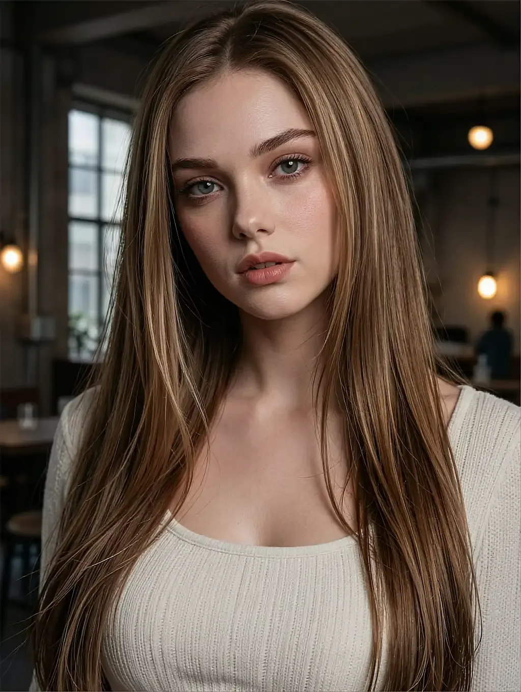 Portrait of Marisol, a fictional AI character, in a cafe under plain window light