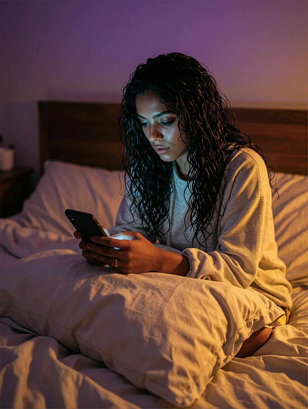 Portrait of Yuki, a fictional AI character, in bed with her face lit by her phone screen