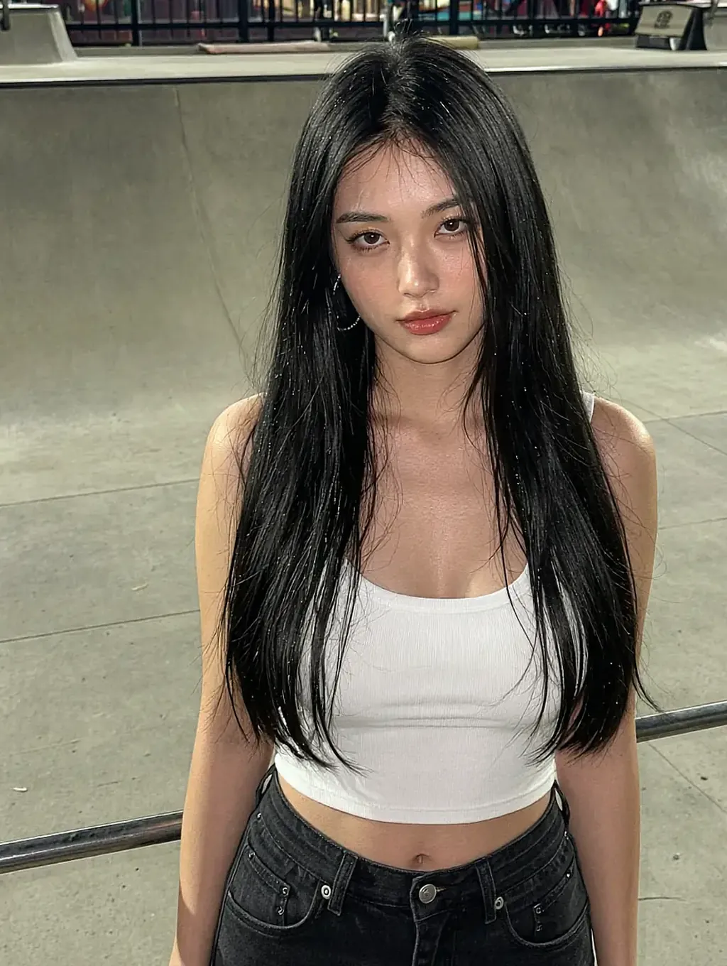Generated portrait of a fictional AI character with a hard rim light behind her
