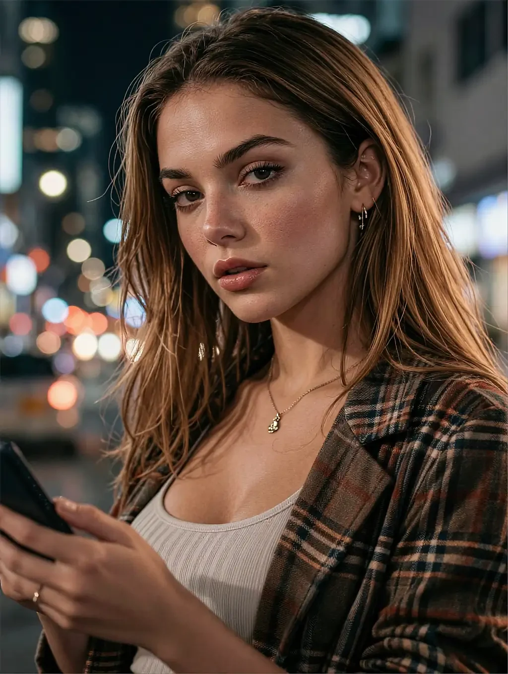 Contact strip frame of a fictional AI character on a night street, city bokeh behind her