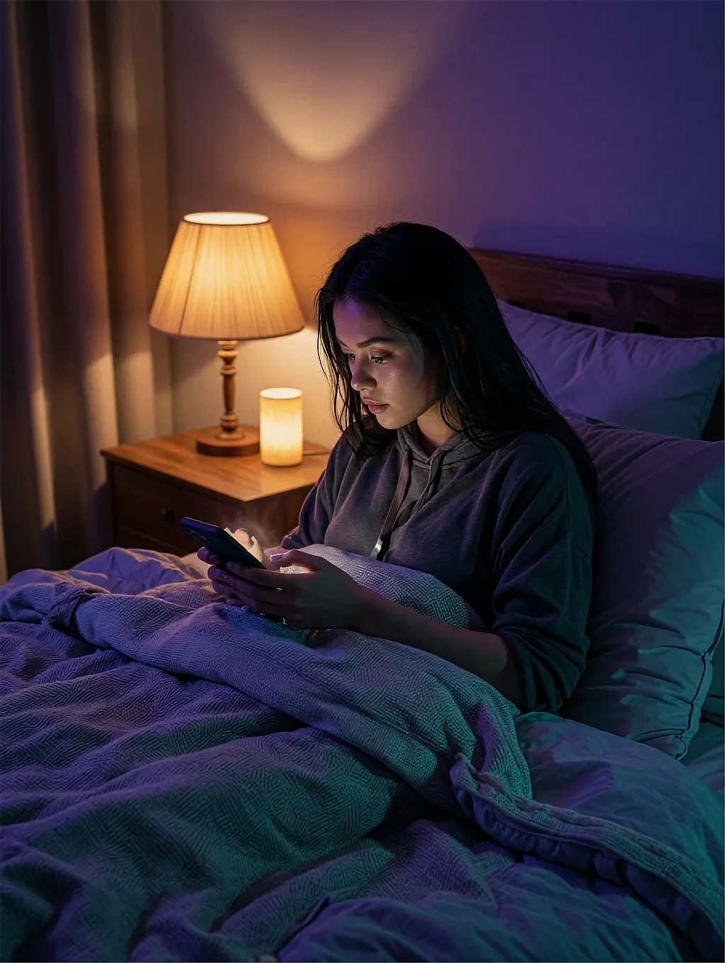 Contact strip frame of a fictional AI character texting in bed under a single lamp